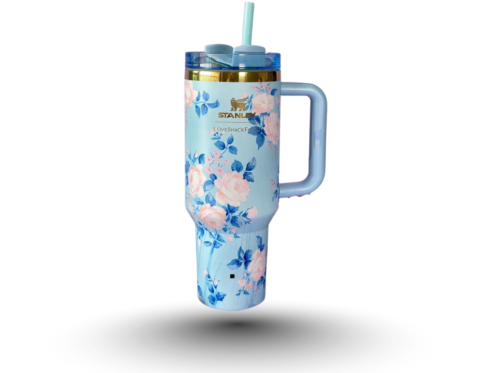 Stanley Love Shack Fancy H2.0 Flow State 40oz Blue Rose Tumbler, Stainless Steel Vacuum Insulated Quencher with Lid, Straw, and Stopper, Ideal for Water and Iced Tea, Keeps Drinks Cold