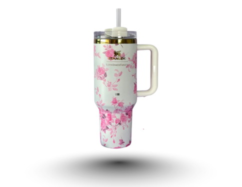 Stanley Love Shack Fancy H2.0 Flow State 40oz White Rose Tumbler, Stainless Steel Vacuum Insulated Quencher with Lid, Straw, and Stopper, Ideal for Water and Iced Tea, Keeps Drinks Cold