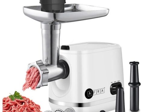 AFRA Meat Grinder, 1200w, 3 Cutting Discs, Aluminum Construction, Stainless Steel Cross Knife, food storage pusher, kibbeh & sausage attachment, AF-1200MGWT